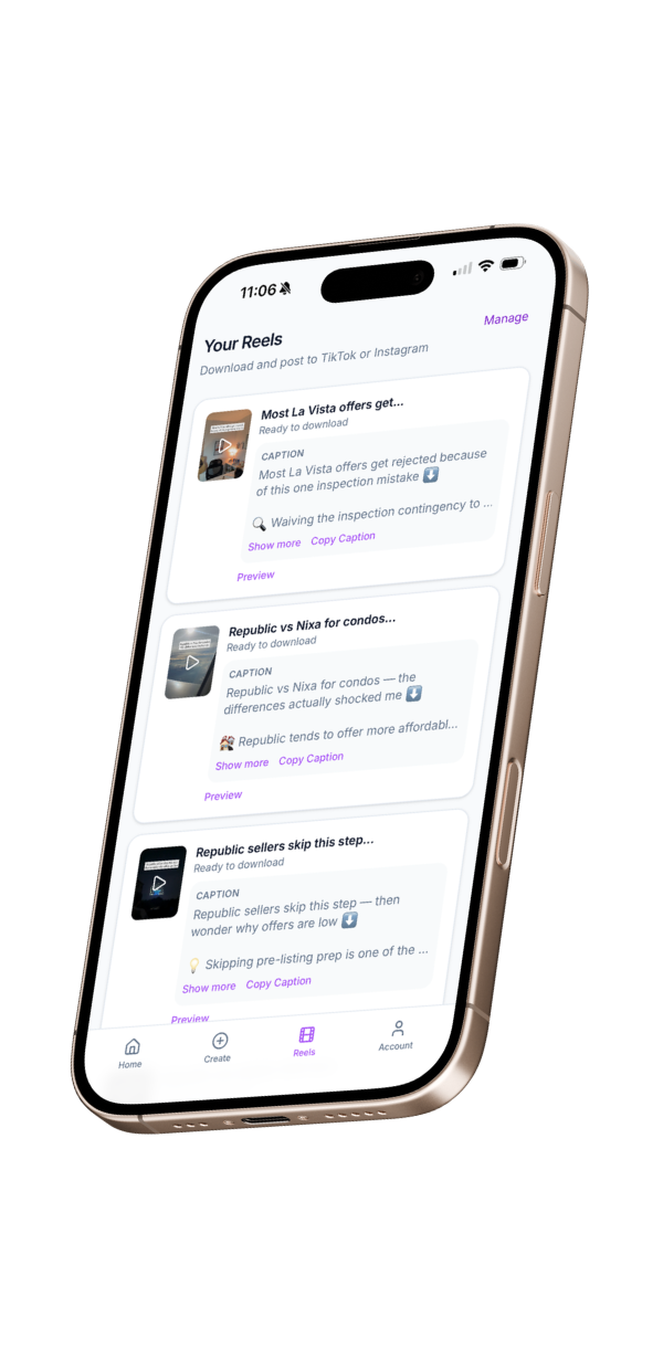 AgntFlow app showing ready-to-post reels with captions