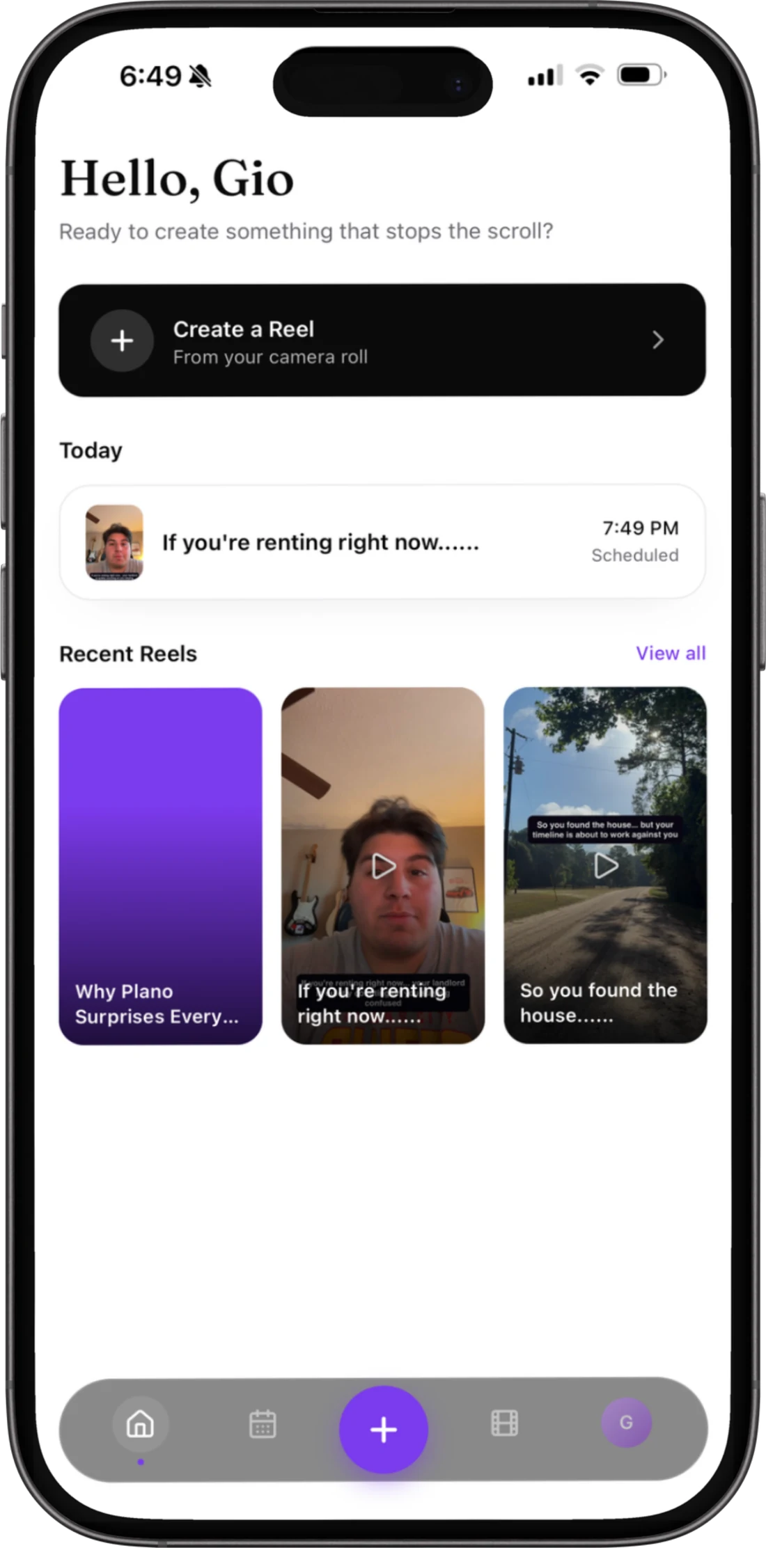 AgntFlow home screen with Create a Reel button and scheduled posts